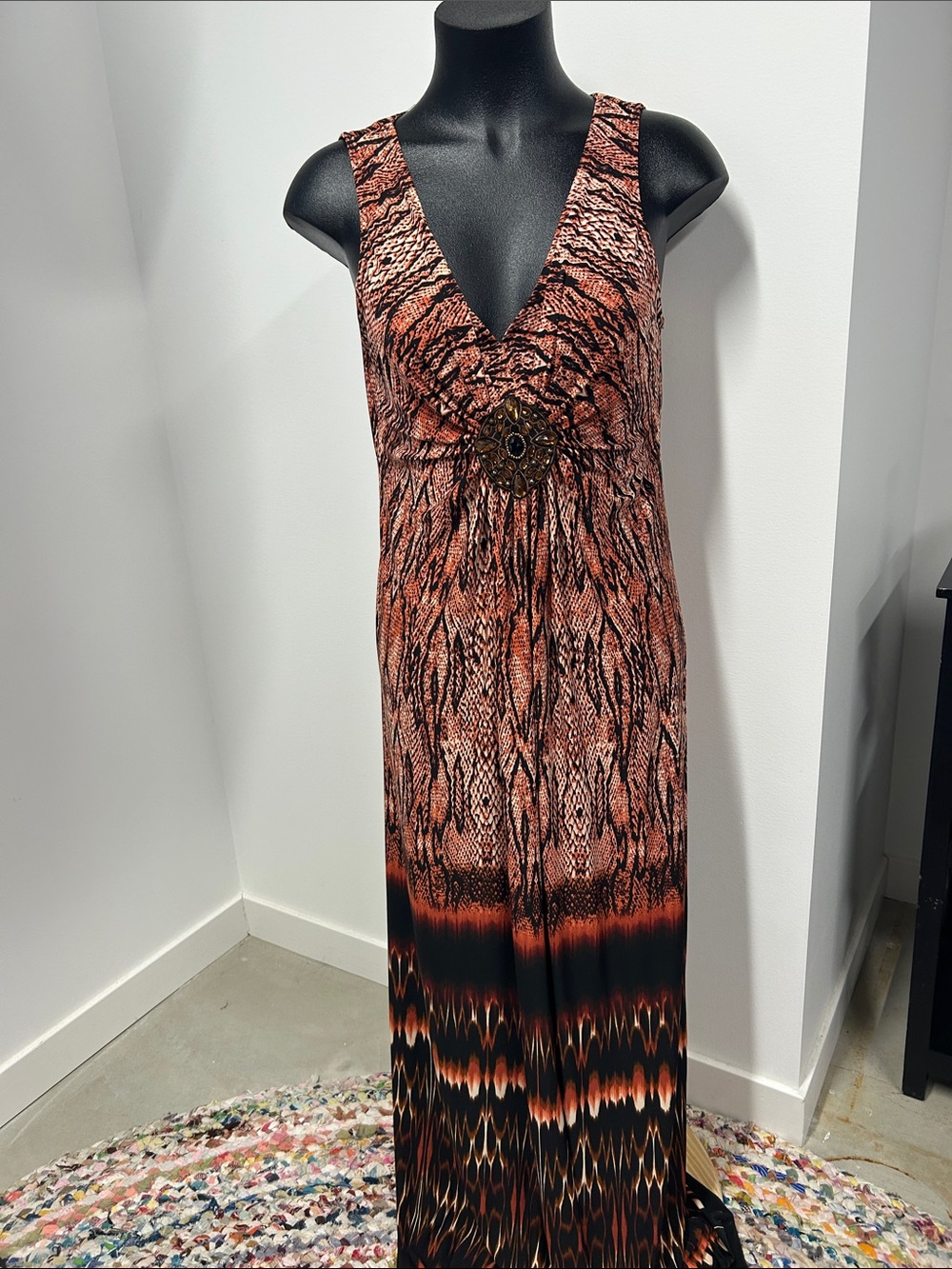 R&M Richards Rust and Black Printed V-Neck Maxi Dress